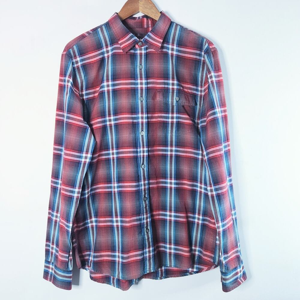 Armani Exchange Mens Italian Fabric Red Blue Plaid Button Up Shirt Size Large